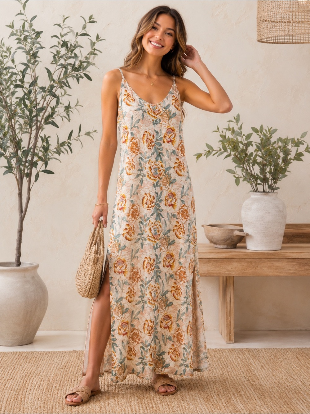 World Market Floral Maxi Slip Dress | Side Slit | Boho Cottagecore L/XL